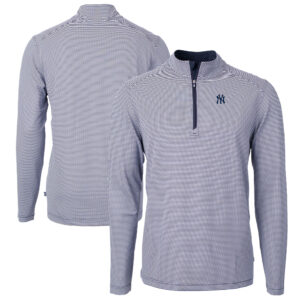 Men's Cutter & Buck Navy/White New York Yankees Virtue Eco Pique Micro Stripe Big & Tall Recycled Quarter-Zip Pullover Top