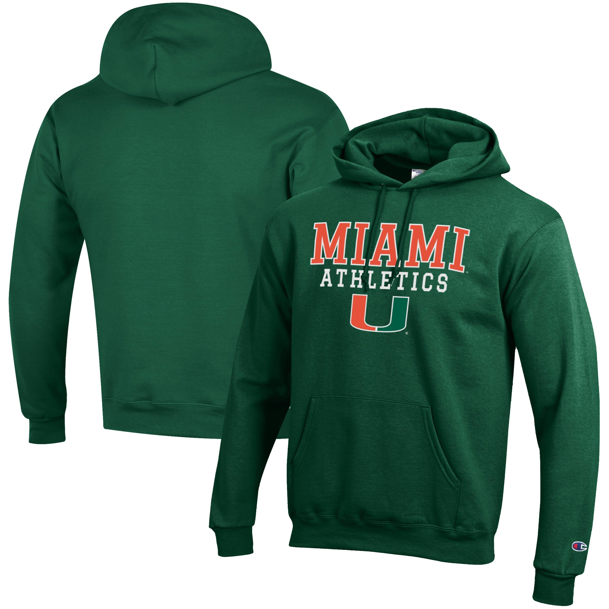 Men's Champion Green Miami Hurricanes Athletics Logo Stack Pullover Hoodie