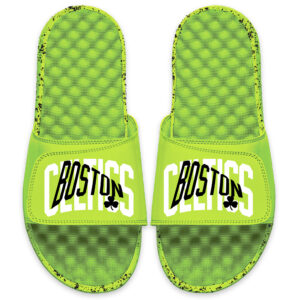 ISlide Neon Green Boston Celtics Wordmark Graphic Slide Sandals