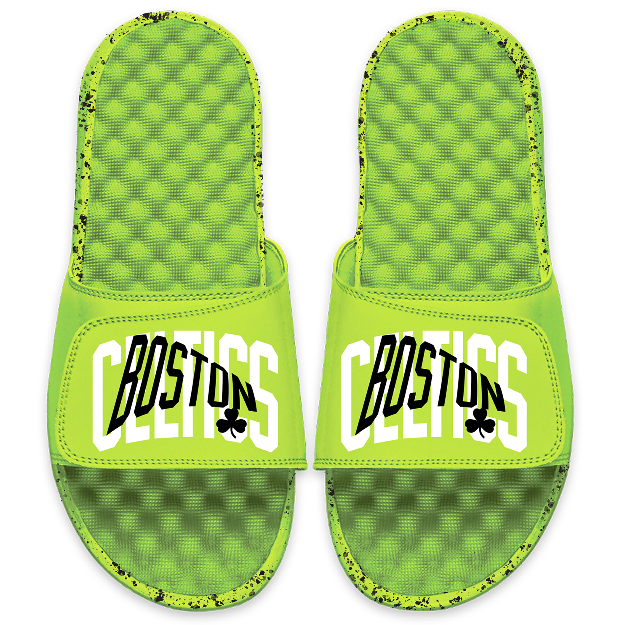 ISlide Neon Green Boston Celtics Wordmark Graphic Slide Sandals