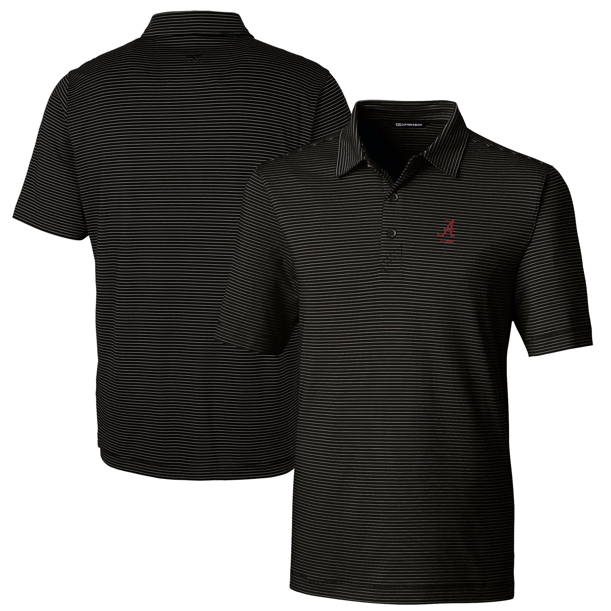 Men's Cutter & Buck Black Alabama Crimson Tide Alumni Logo Forge Pencil Stripe Stretch DryTec Polo
