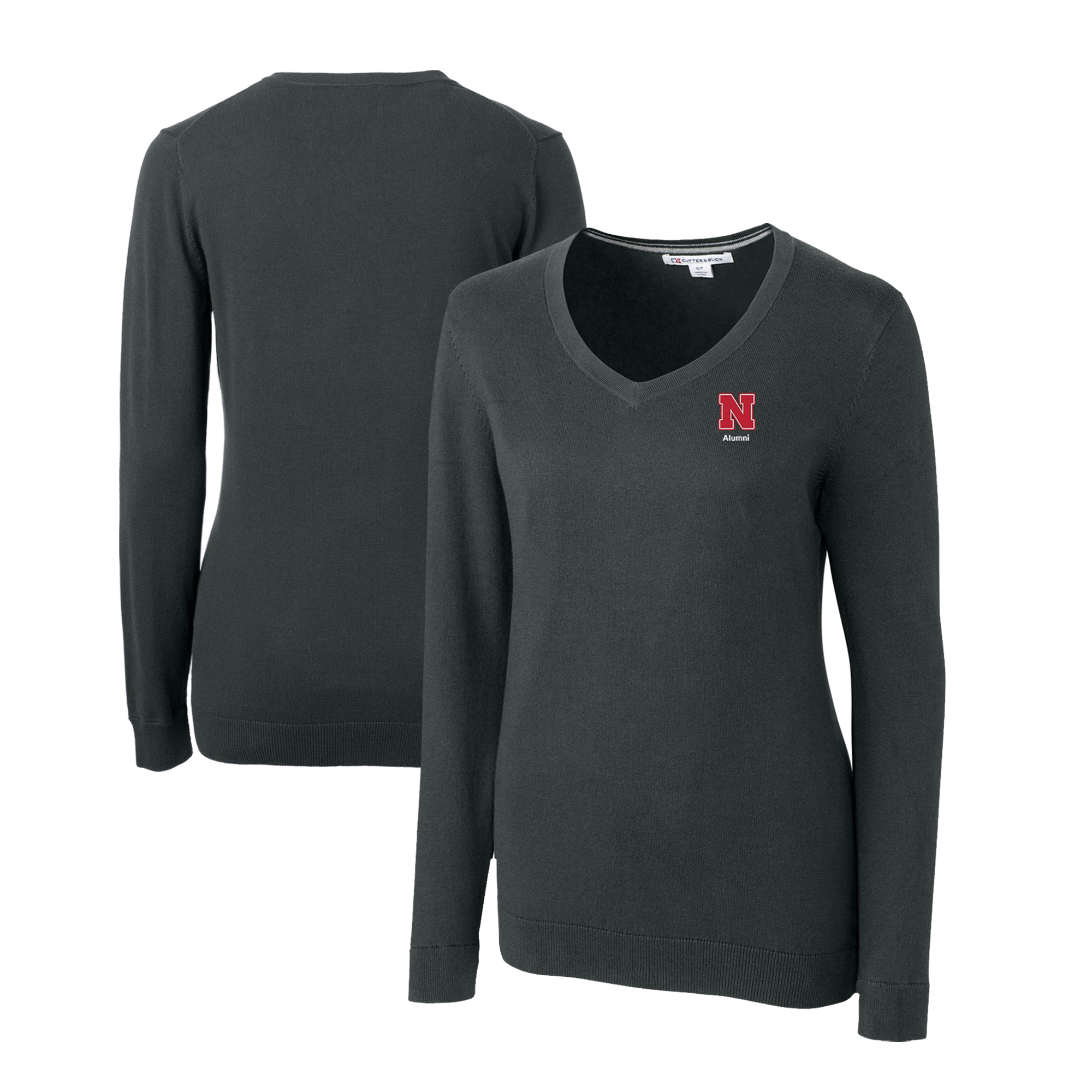 Women's Cutter & Buck Heather Charcoal Nebraska Huskers Alumni Lakemont Tri-Blend V-Neck Pullover Sweater - Image 2
