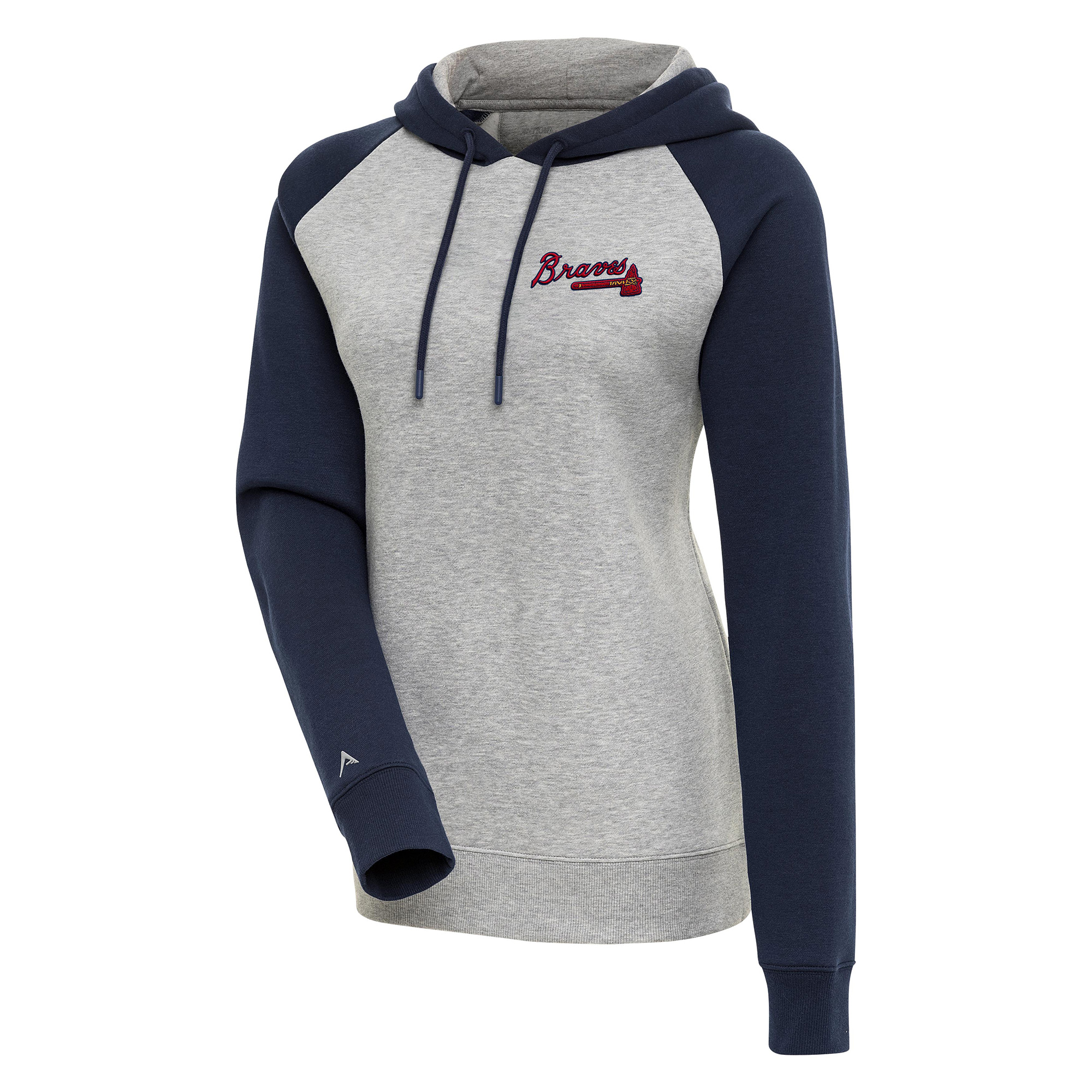 Women's Antigua Heather Gray/Navy Atlanta Braves Victory Raglan Sleeve Pullover Hoodie