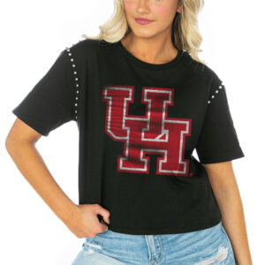 Women's Gameday Couture  Black Houston Cougars Galore Studded Sleeve Crop Top