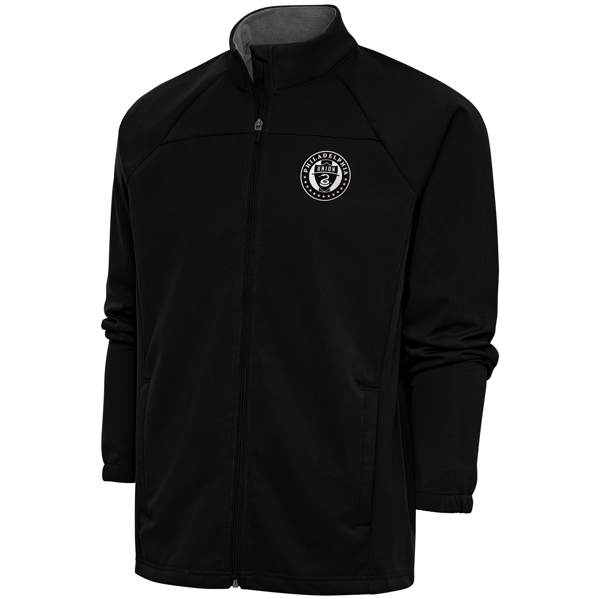 Men's Antigua Black Philadelphia Union Brushed Metallic Links Full-Zip Golf Jacket