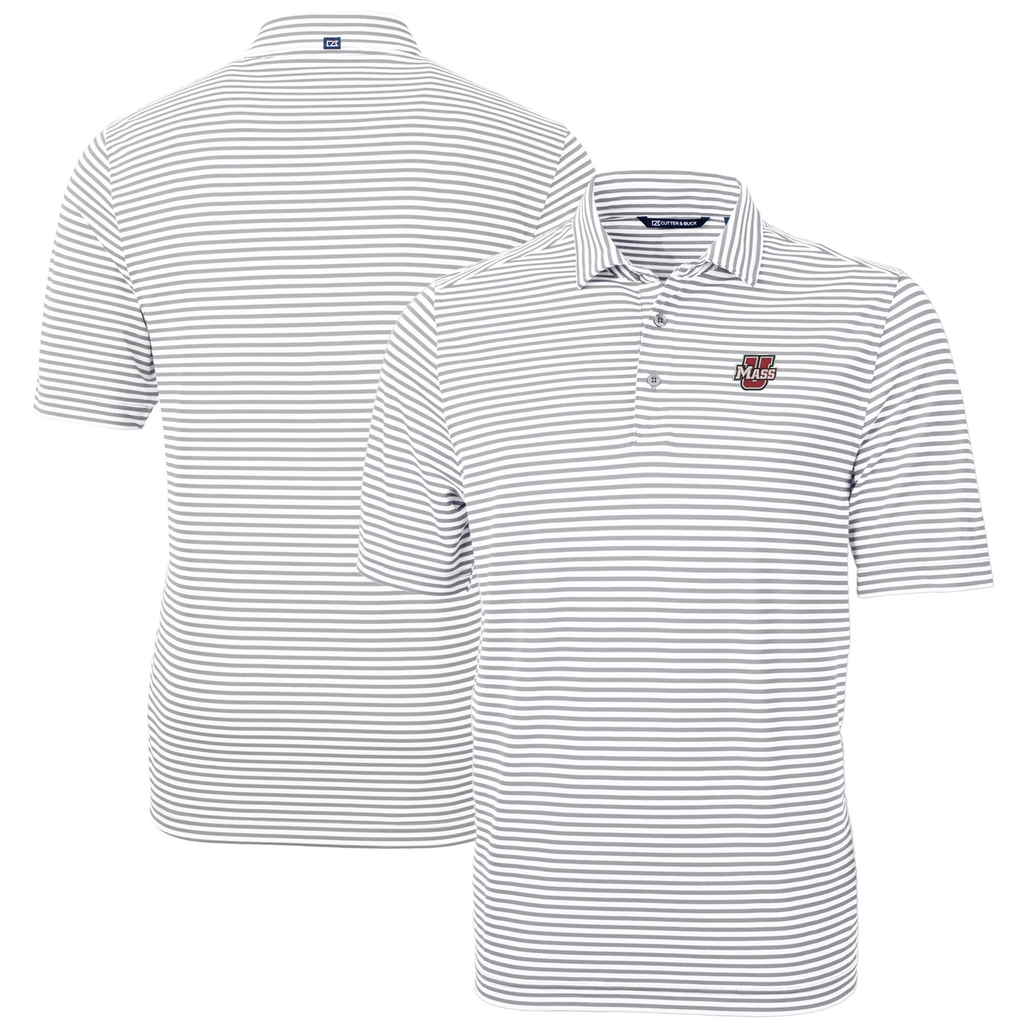 Men's Cutter & Buck Gray UMass Minutemen Virtue Eco Pique Stripe Recycled Polo