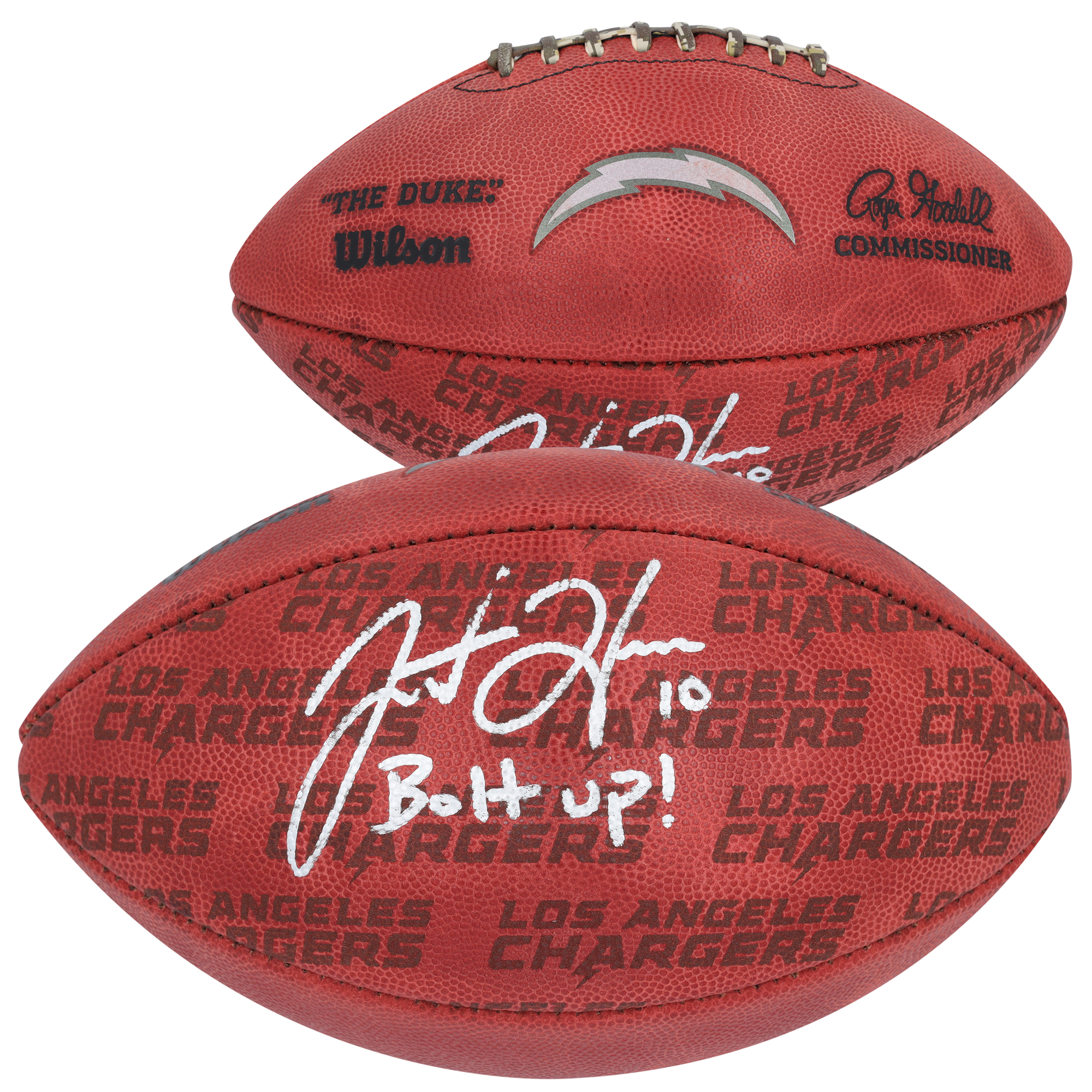 Justin Herbert Los Angeles Chargers Autographed Duke Showcase Football with "Bolt Up!" Inscription