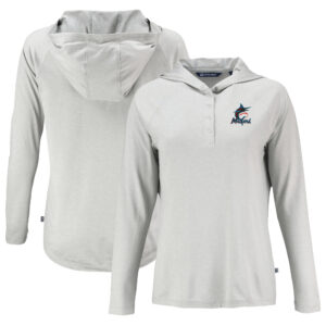 Women's Cutter & Buck Gray Miami Marlins  Coastline Epic Comfort Eco Recycled Hoodie Raglan Long Sleeve T-Shirt