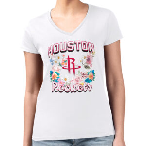 Women's G-III 4Her by Carl Banks White Houston Rockets Flowers Team Logo Graphic Fitted V-Neck T-Shirt