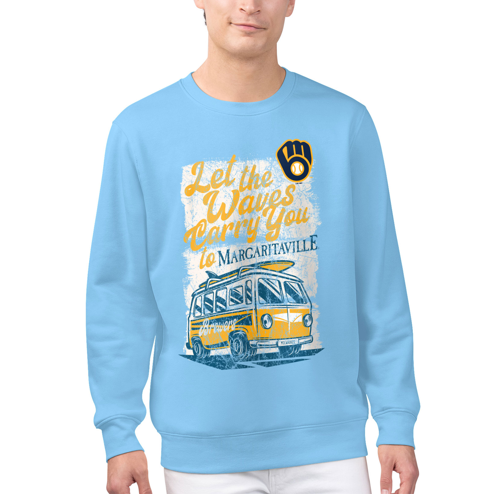 Men's Margaritaville Light Blue Milwaukee Brewers Bus Waves Graphic Pullover Sweatshirt