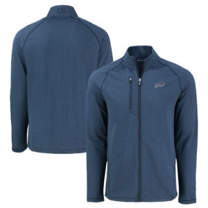 Men's Cutter & Buck  Heather Navy Buffalo Bills Peshastin Eco Fleece Recycled Raglan Tri-Blend Full-Zip Jacket