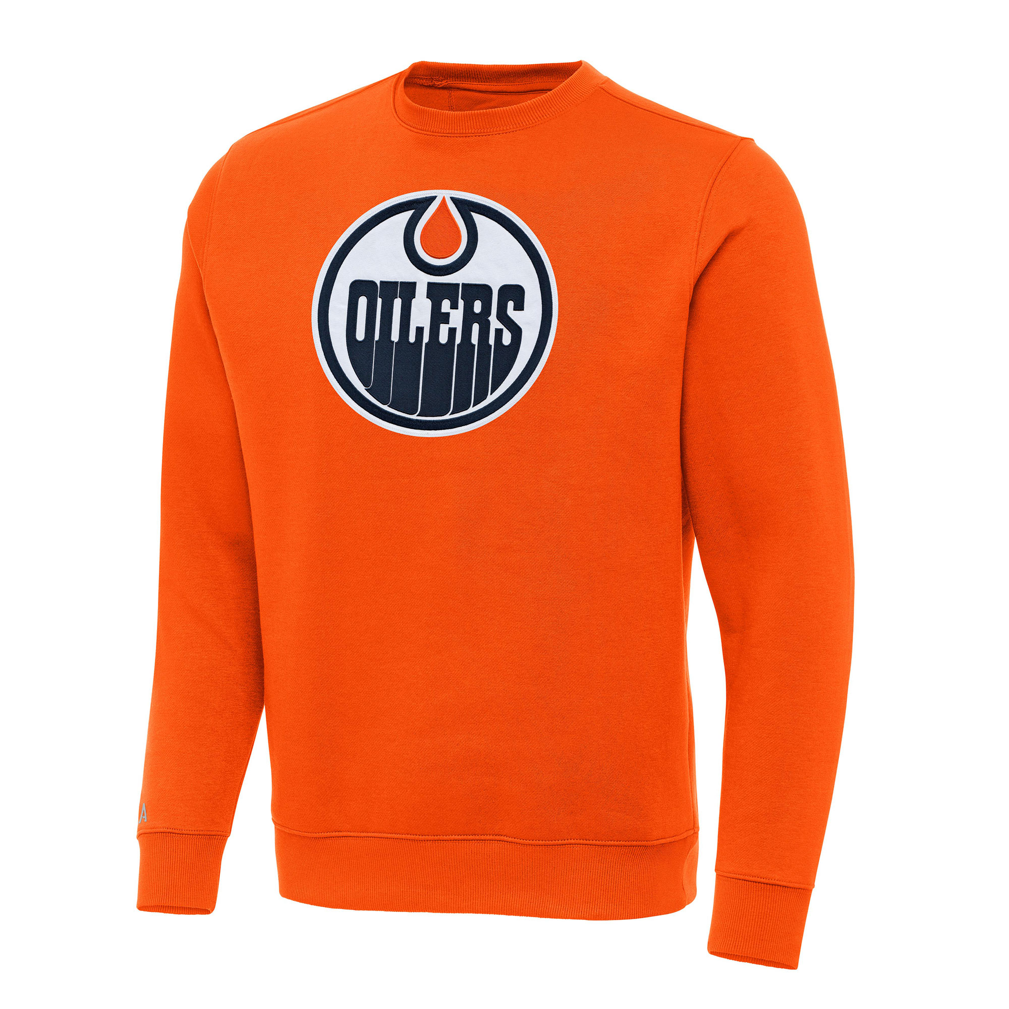 Men's Antigua Orange Edmonton Oilers Victory Crewneck Pullover Sweatshirt