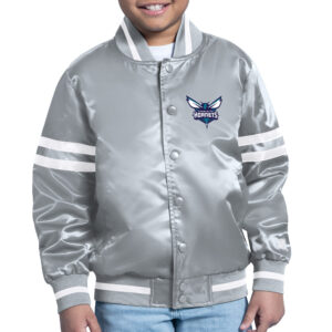 Youth Starter  Gray Charlotte Hornets Printed Shield Logo Satin Varsity Full-Snap Jacket