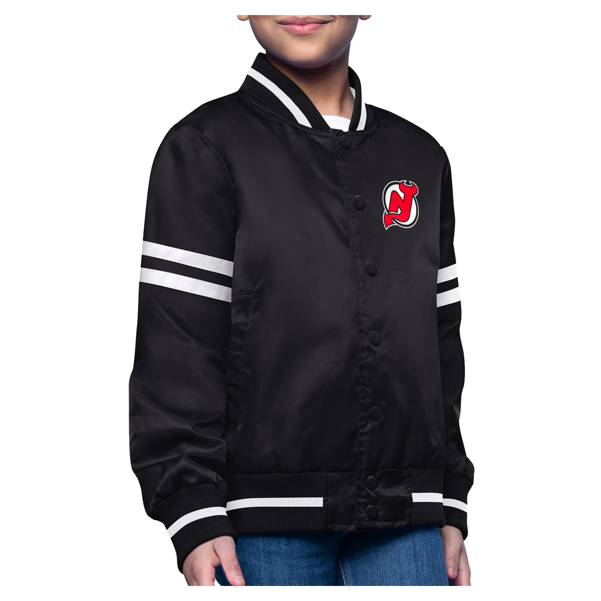 Youth Starter Black New Jersey Devils Printed Logo Satin Varsity Full-Snap Jacket