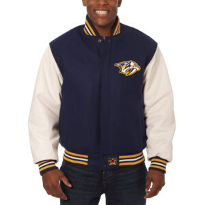 Men's JH Design Navy/White Nashville Predators Big & Tall All-Wool & Leather Full-Snap Jacket