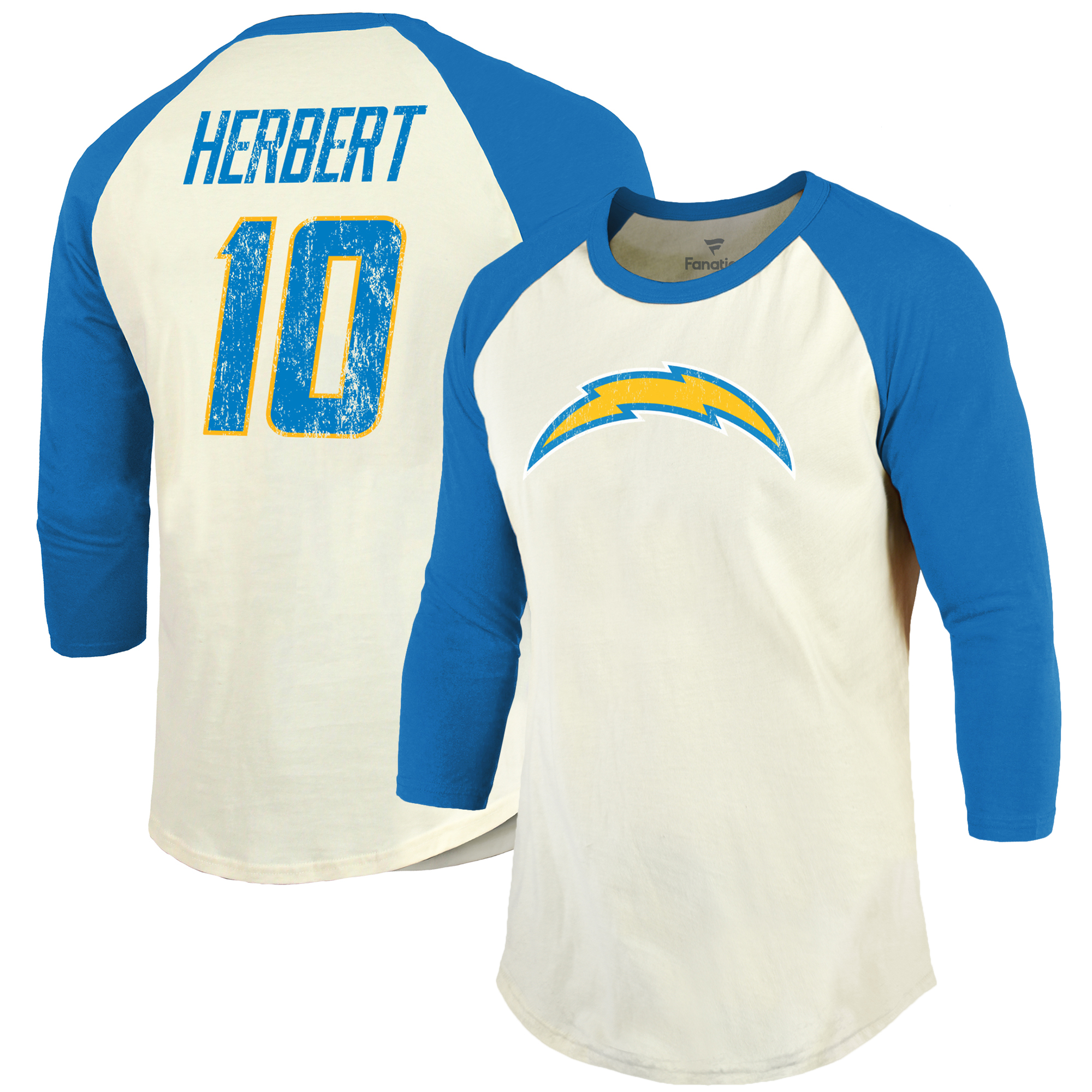 Men's Majestic Threads Justin Herbert Cream/Powder Blue Los Angeles Chargers Vintage Player Name & Number 3/4-Sleeve Fitted T-Shirt - Image 5
