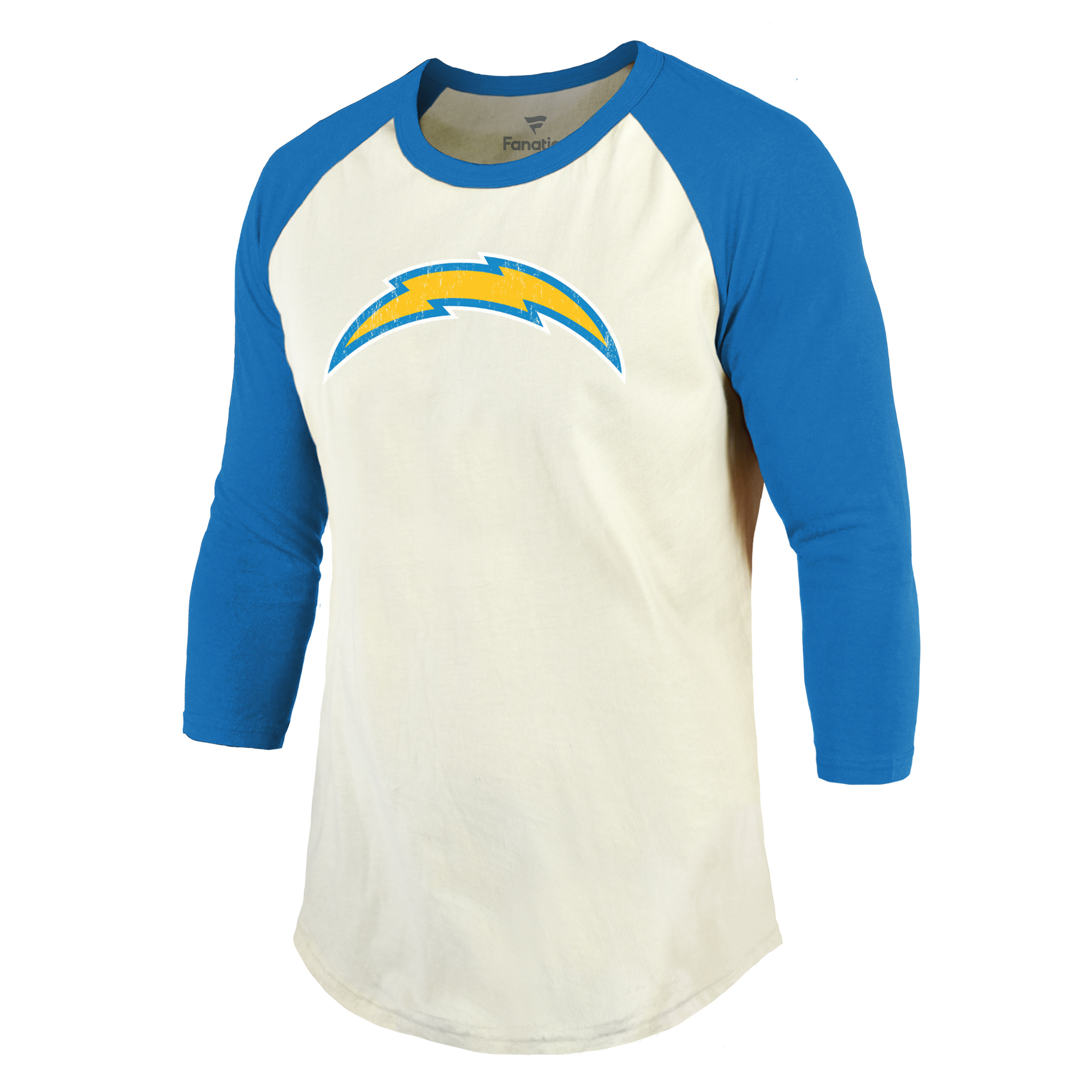 Men's Majestic Threads Justin Herbert Cream/Powder Blue Los Angeles Chargers Vintage Player Name & Number 3/4-Sleeve Fitted T-Shirt - Image 3
