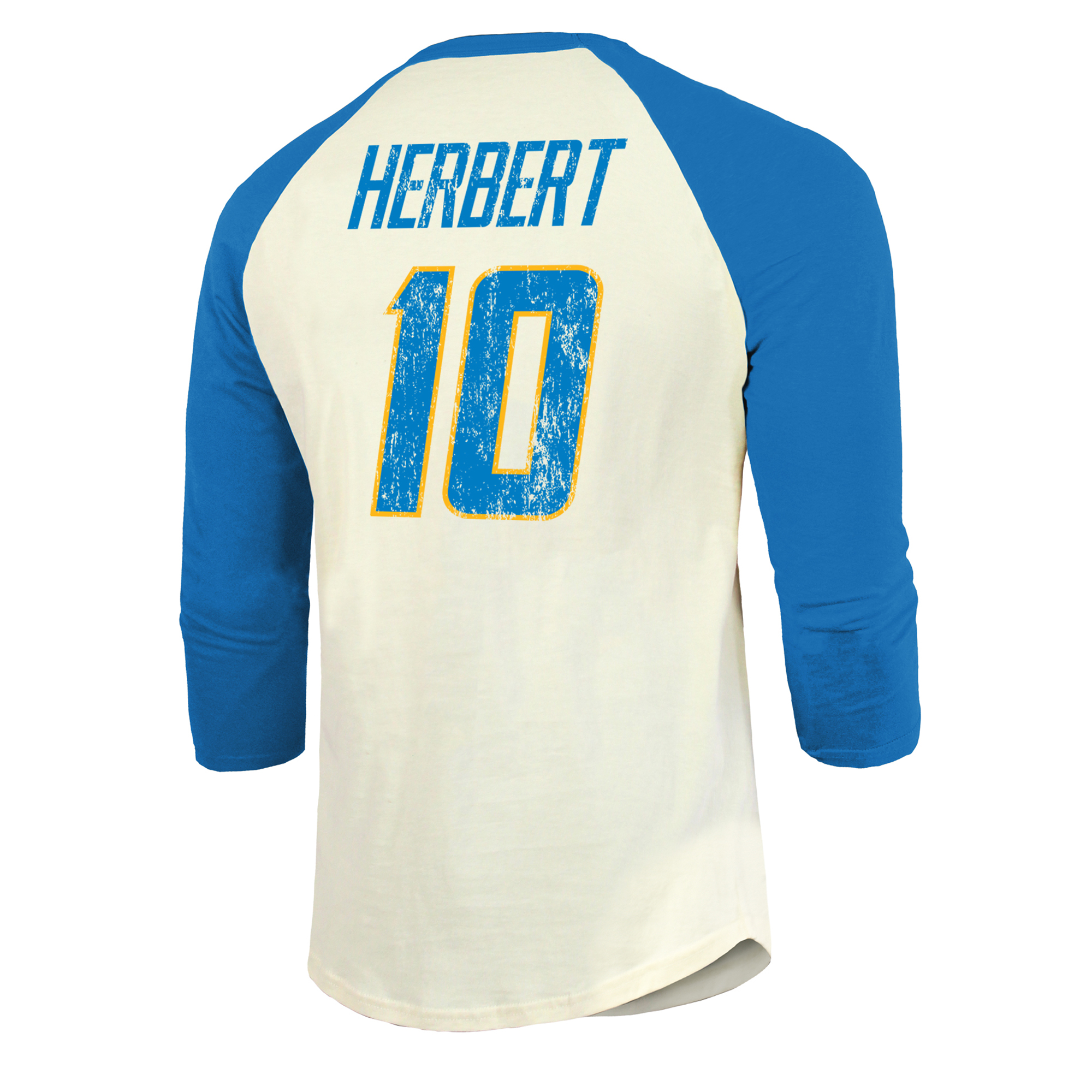 Men's Majestic Threads Justin Herbert Cream/Powder Blue Los Angeles Chargers Vintage Player Name & Number 3/4-Sleeve Fitted T-Shirt - Image 7