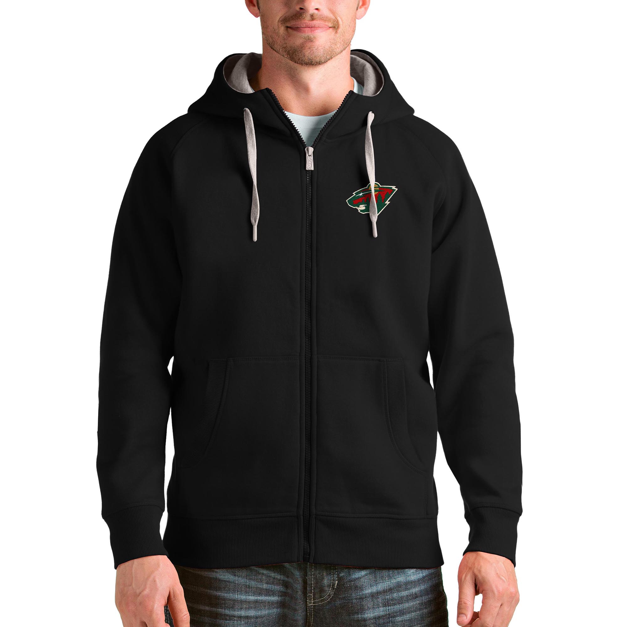 Men's Antigua Black Minnesota Wild Logo Victory Full-Zip Hoodie