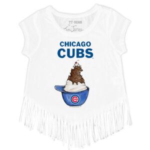 Girls Youth Tiny Turnip White Chicago Cubs Sundae Helmet Fringe T-Shirt