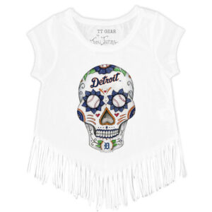 Girls Toddler Tiny Turnip White Detroit Tigers Sugar Skull Fringe T-Shirt