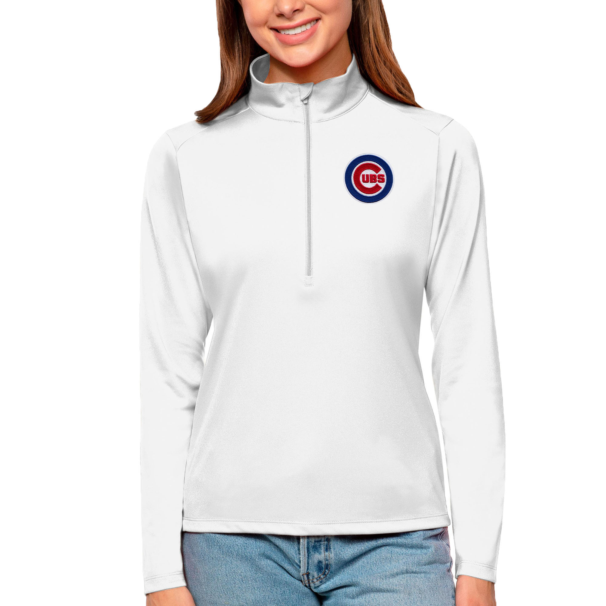 Women's Antigua White Chicago Cubs Tribute Quarter-Zip Pullover Top