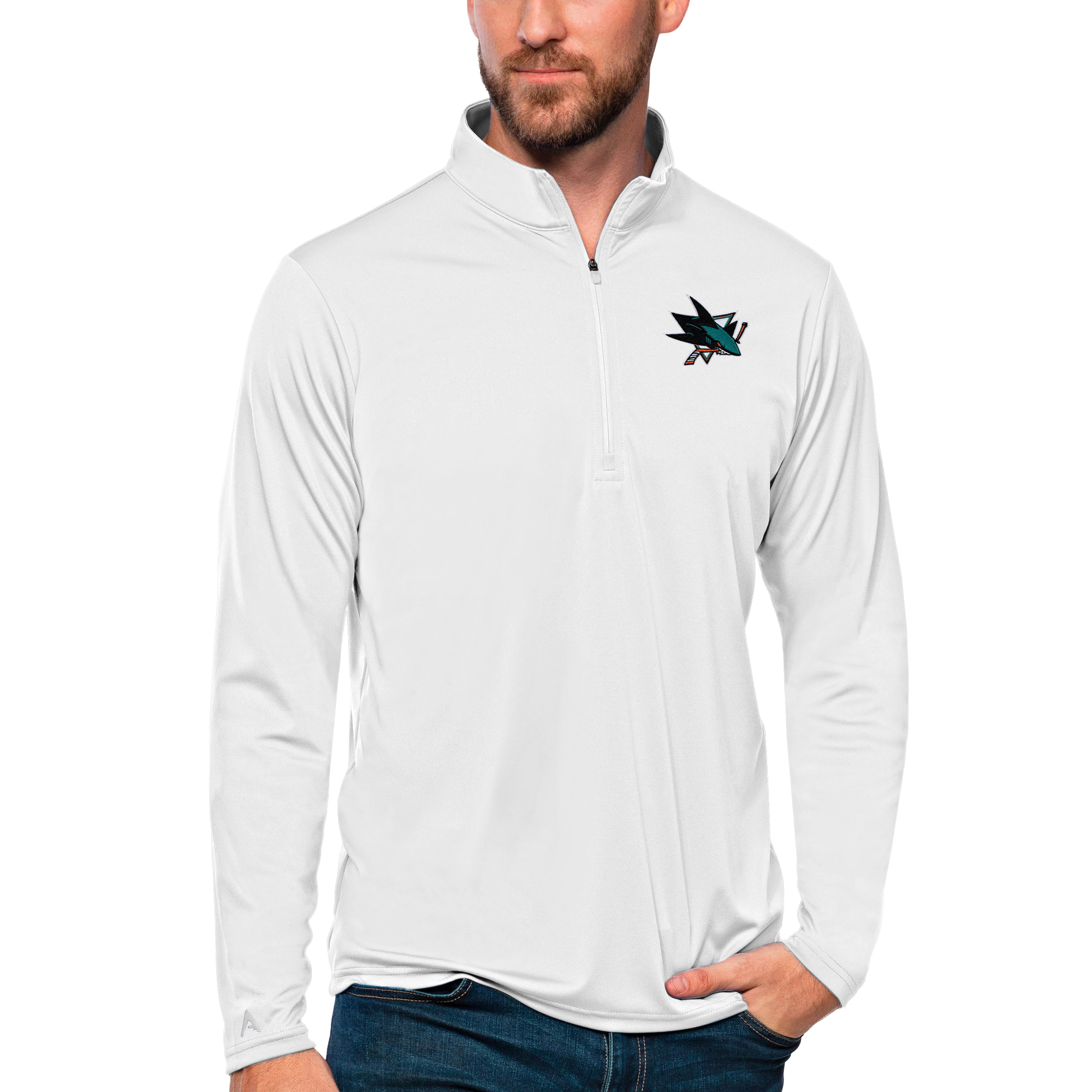 Men's Antigua White San Jose Sharks Tribute Quarter-Zip Pullover Top