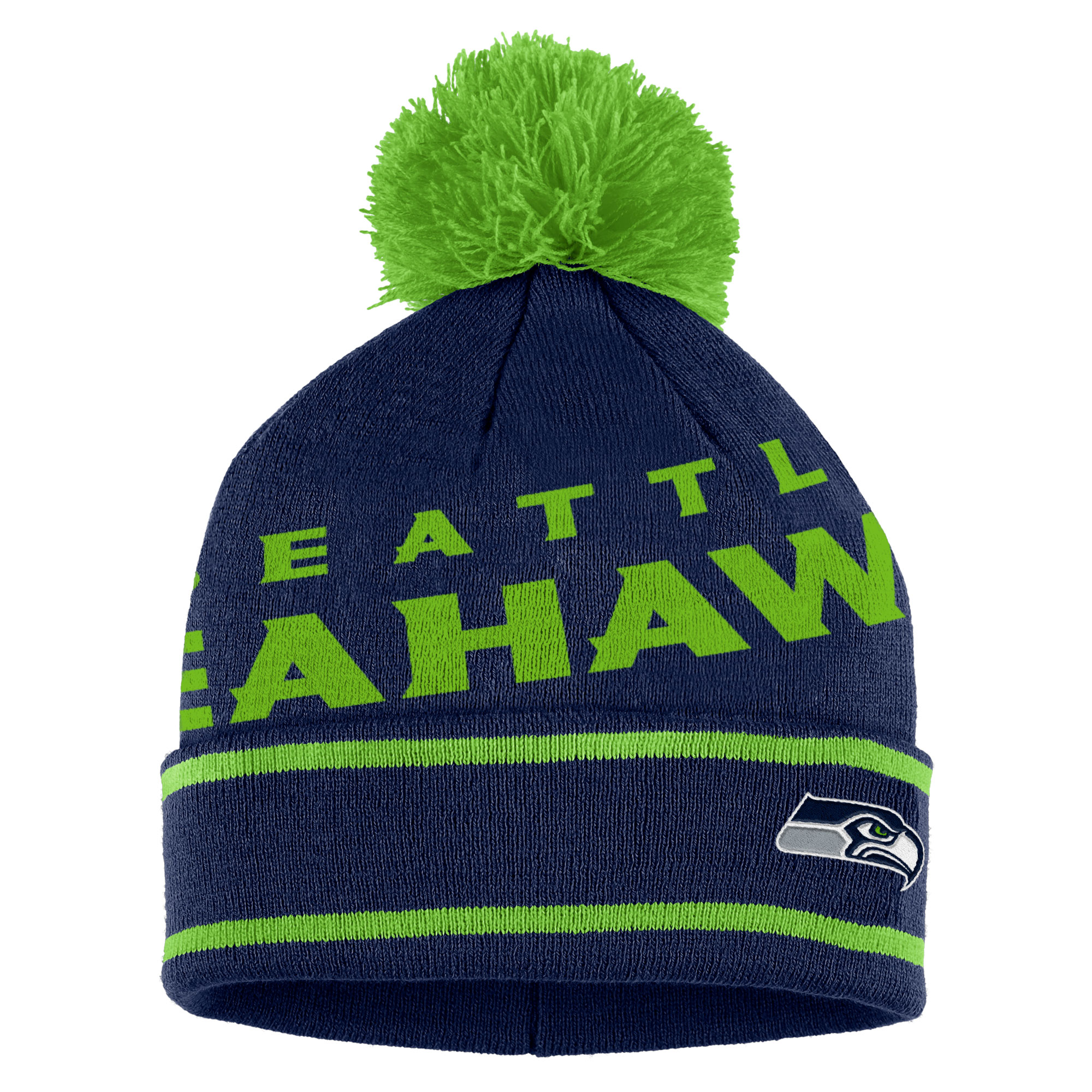 Women's WEAR by Erin Andrews College Navy Seattle Seahawks Double Jacquard Cuffed Knit Hat with Pom and Gloves Set - Image 3