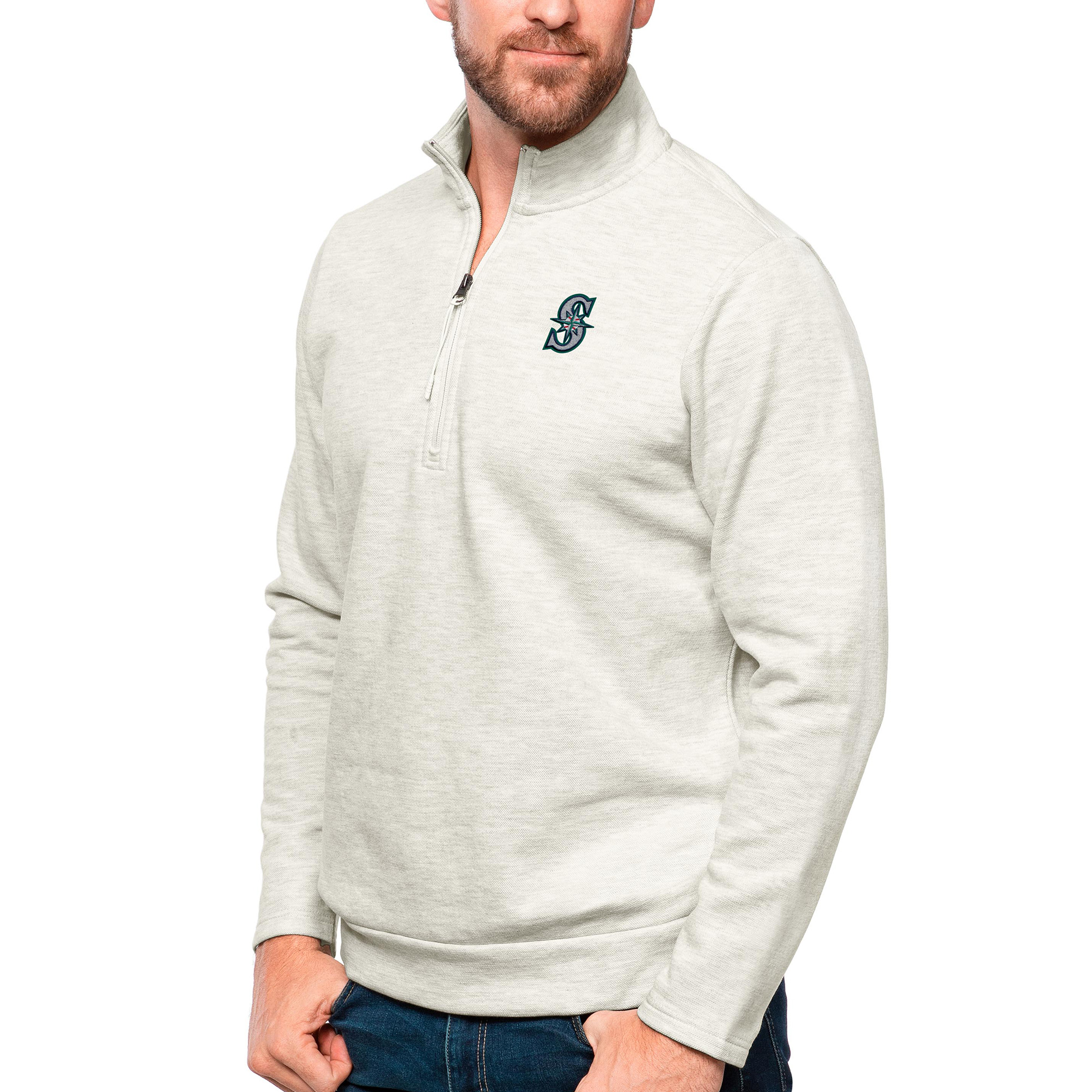 Men's Antigua Oatmeal Seattle Mariners Gambit Quarter-Zip Pullover Top