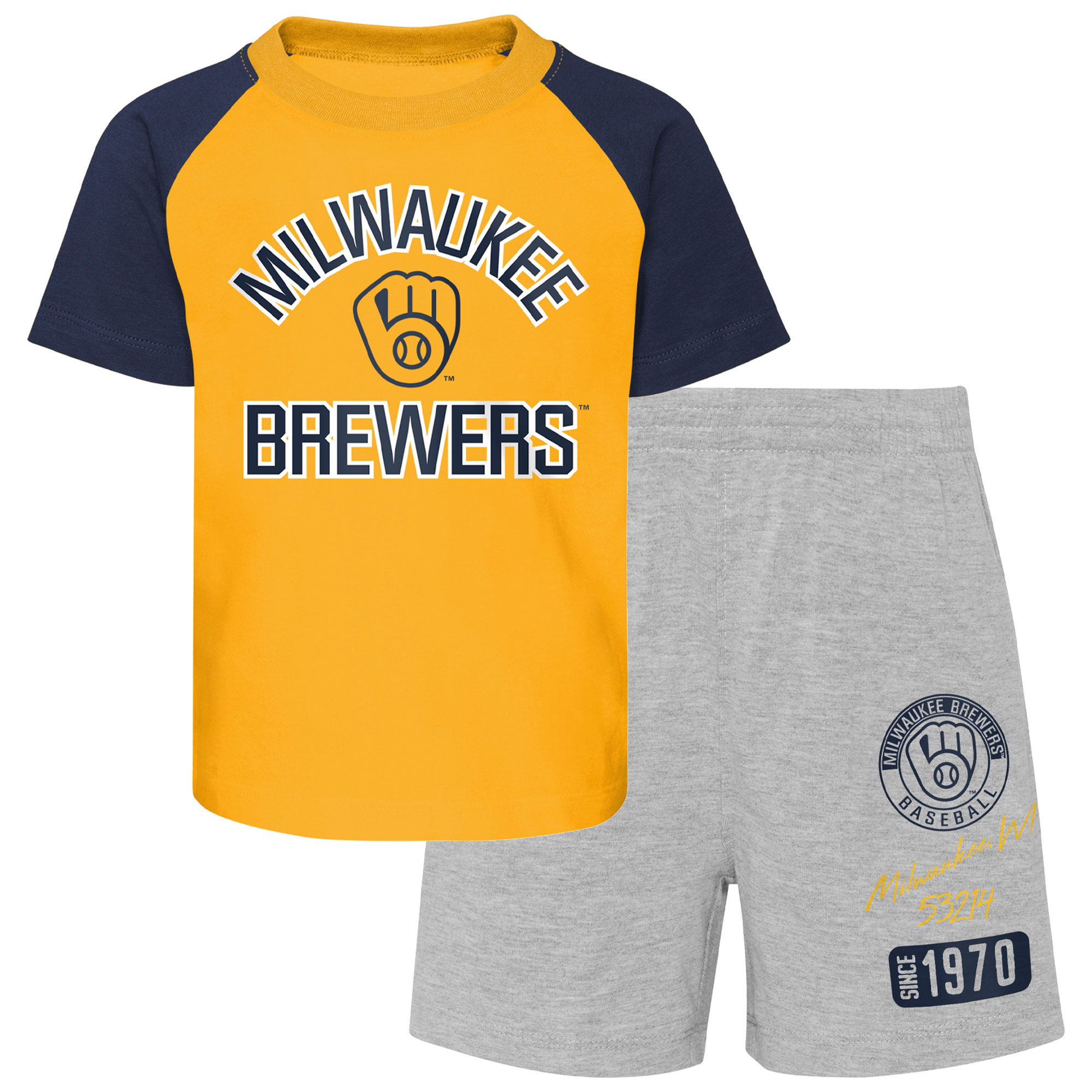 Toddler Gold/Heather Gray Milwaukee Brewers Two-Piece Groundout Baller Raglan T-Shirt & Shorts Set - Image 5