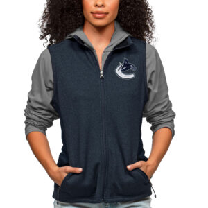 Women's Antigua Heather Navy Vancouver Canucks Primary Logo Course Full-Zip Vest