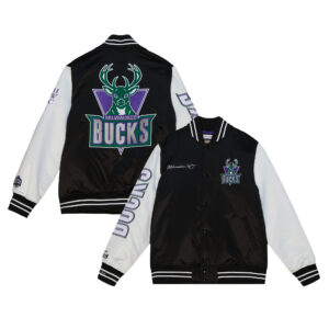 Men's Mitchell & Ness Black/White Milwaukee Bucks Team Origins Satin Full-Snap Varsity Jacket