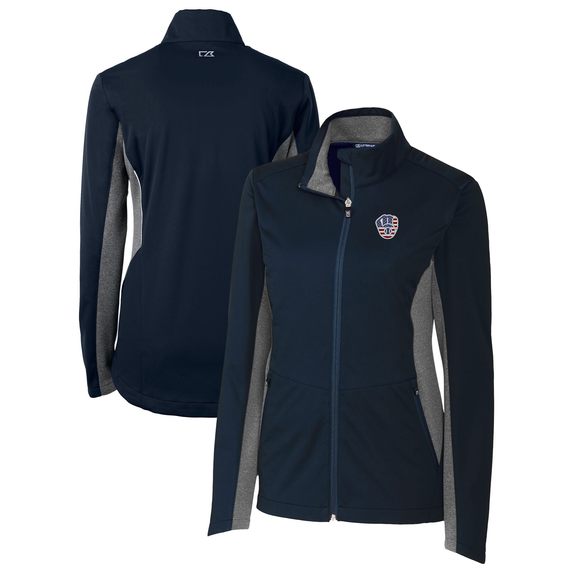 Women's Cutter & Buck Navy Milwaukee Brewers Americana Logo Navigate Softshell Full-Zip Jacket