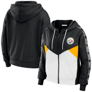 Women's WEAR by Erin Andrews Black/White Pittsburgh Steelers Color Block Light Weight Modest Crop Full-Zip Hoodie
