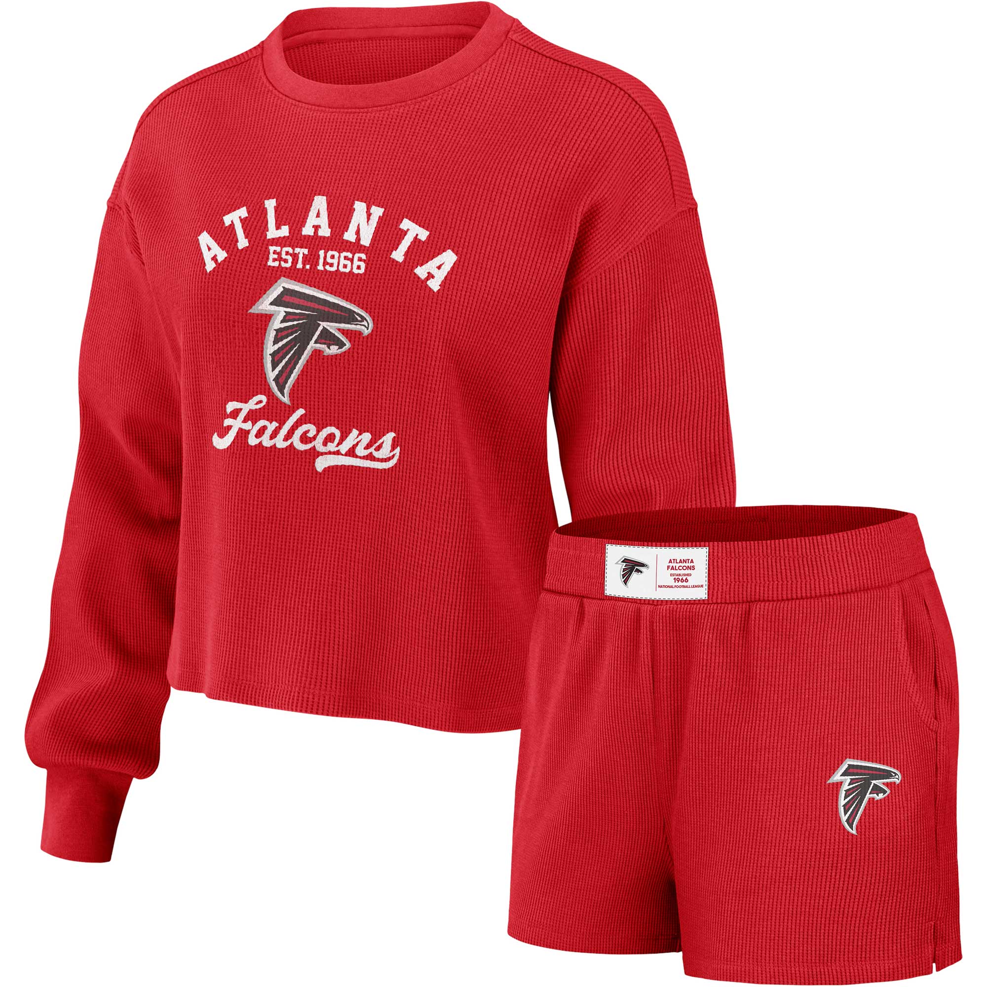 Women's WEAR by Erin Andrews Red Atlanta Falcons Waffle Knit Long Sleeve T-Shirt & Shorts Lounge Set - Image 2