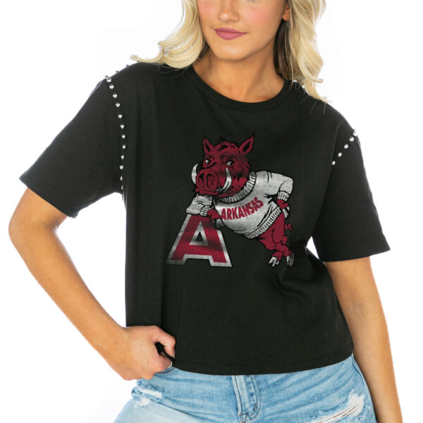 Women's Gameday Couture  Black Arkansas Razorbacks Galore Studded Sleeve Crop Top - Image 7