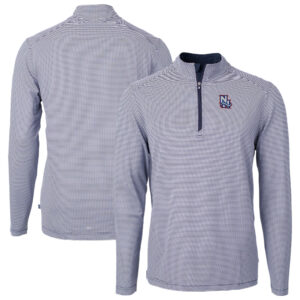 Men's Cutter & Buck Navy/White New Hampshire Fisher Cats Virtue Eco Pique Micro Stripe Recycled Quarter-Zip Pullover Top