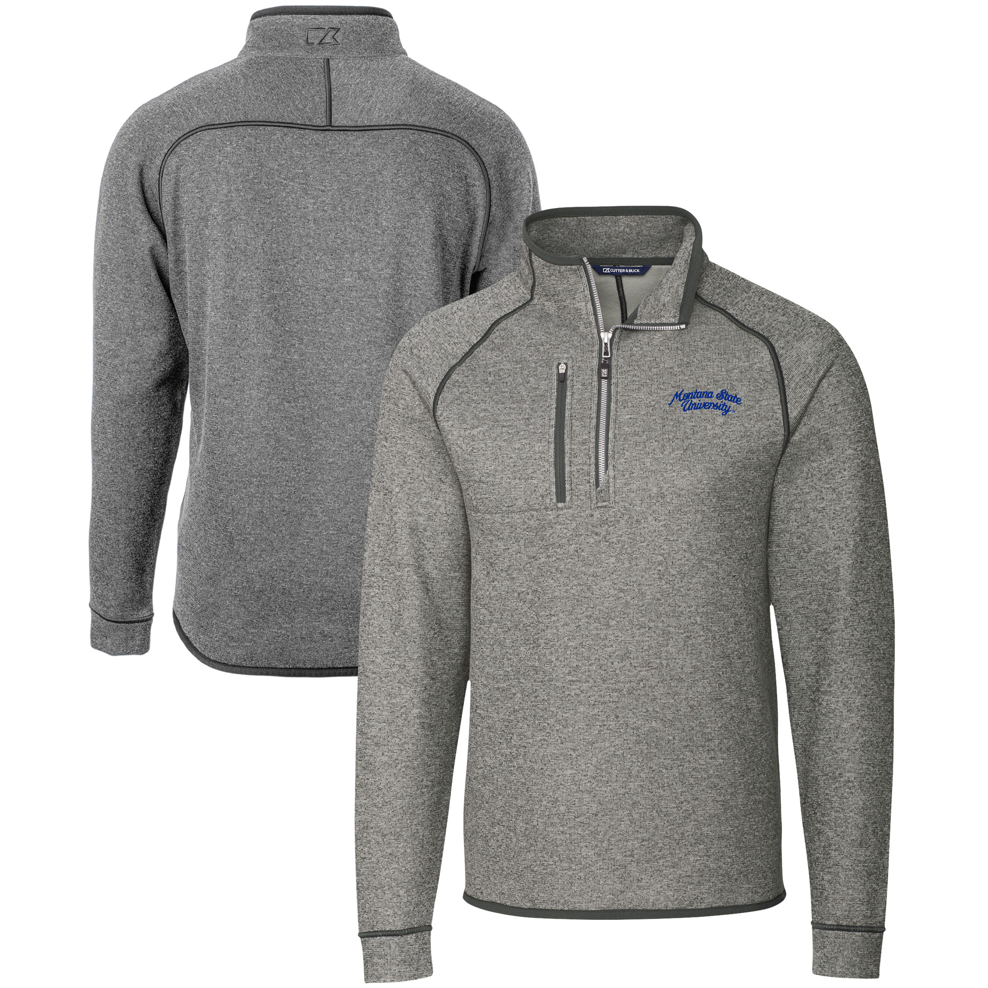 Men's Cutter & Buck Heather Gray Montana State Bobcats Vault Mainsail Sweater-Knit Raglan Half-Zip Jacket