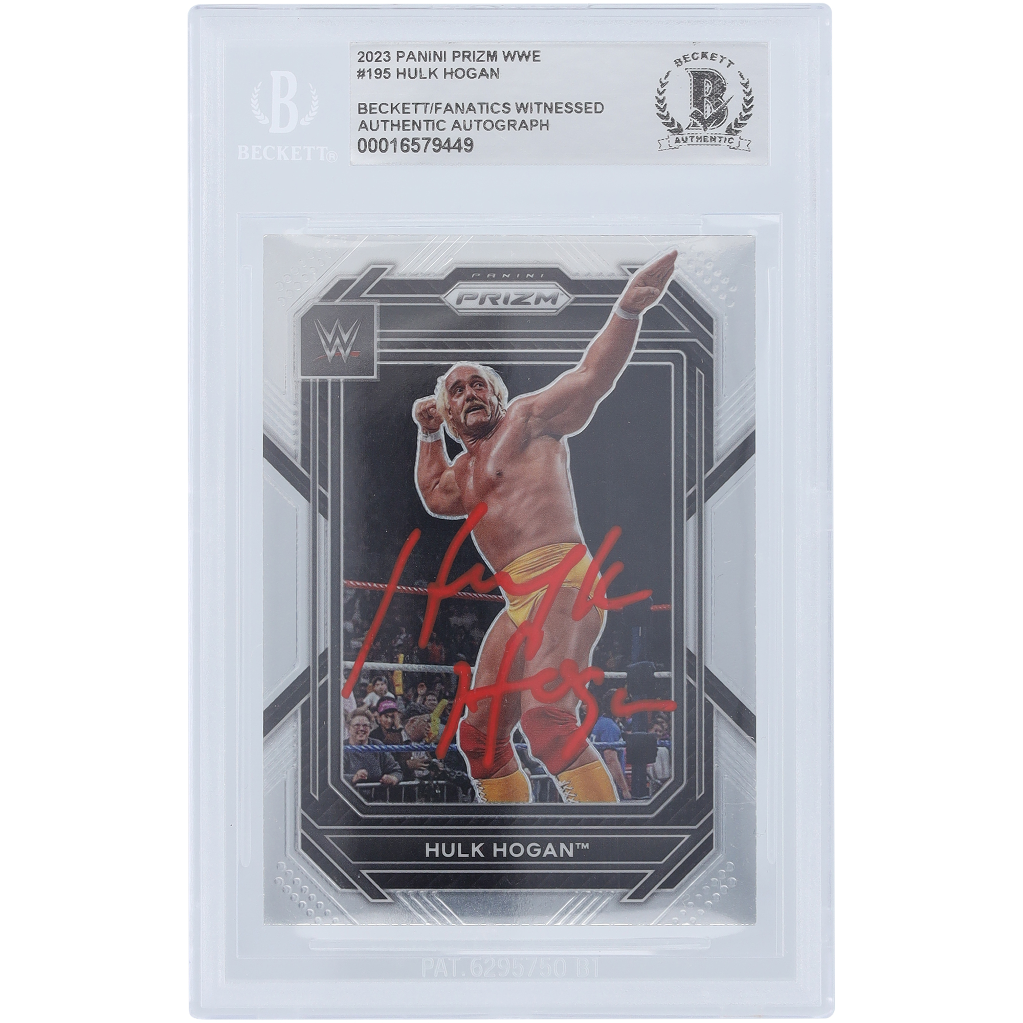 Hulk Hogan WWE Autographed 2023 Panini Prizm Red Ink #195 Beckett Fanatics Witnessed Authenticated Card - Image 2