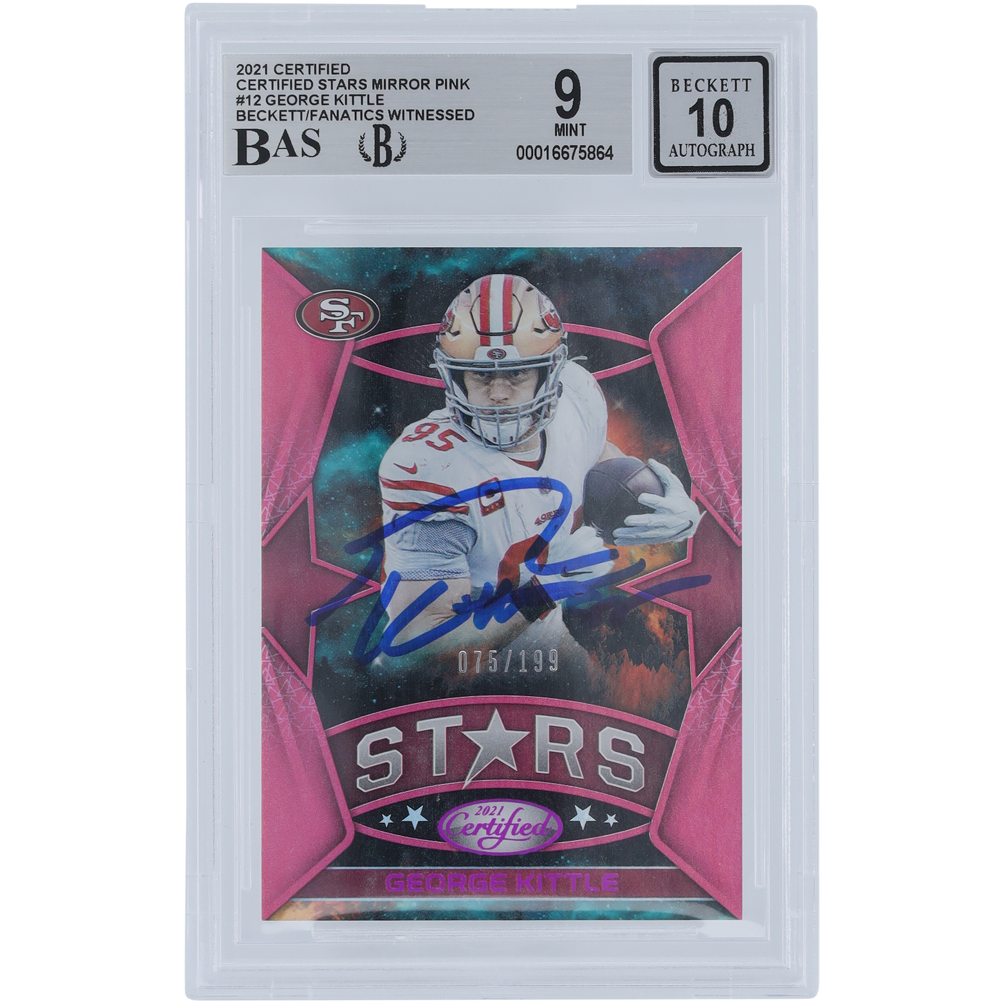George Kittle San Francisco 49ers Autographed 2021 Panini Certified Stars Mirror Pink #12 #/199 Beckett Fanatics Witnessed Authenticated 9/10 Card
