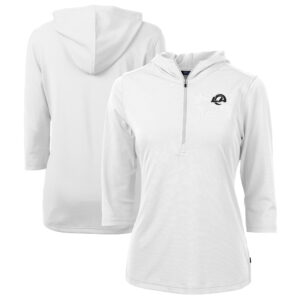 Women's Cutter & Buck  White Los Angeles Rams Virtue Eco Pique Recycled Dry Tec 3/4-Sleeve Half-Zip Hoodie