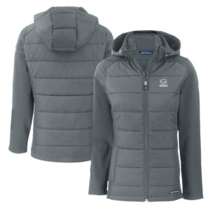 Women's Cutter & Buck Dark Gray Green Bay Packers Evoke Hybrid Eco Softshell Recycled Full-Zip Hoodie Jacket