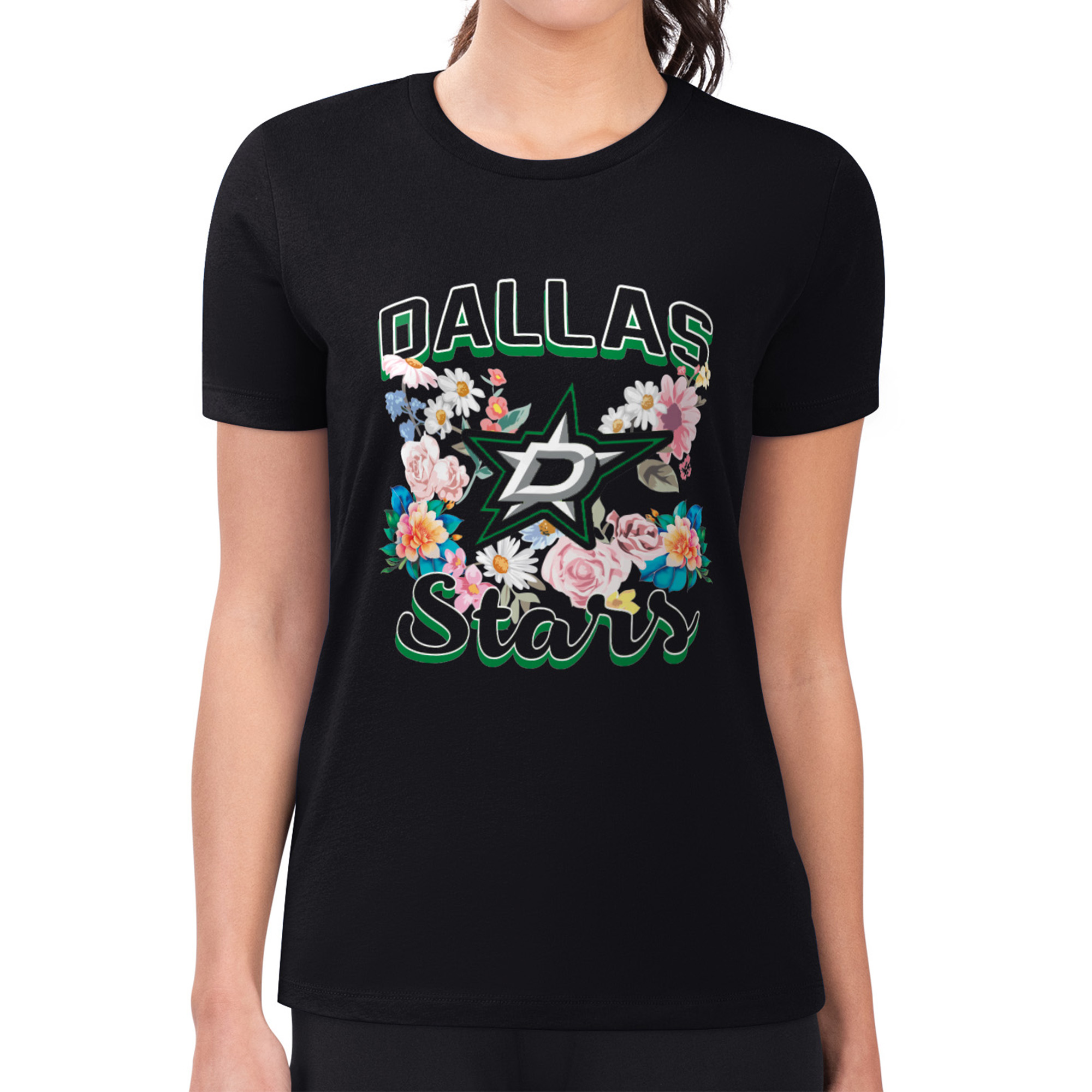 Women's G-III 4Her by Carl Banks Black Dallas Stars Flower Logo Fitted T-Shirt