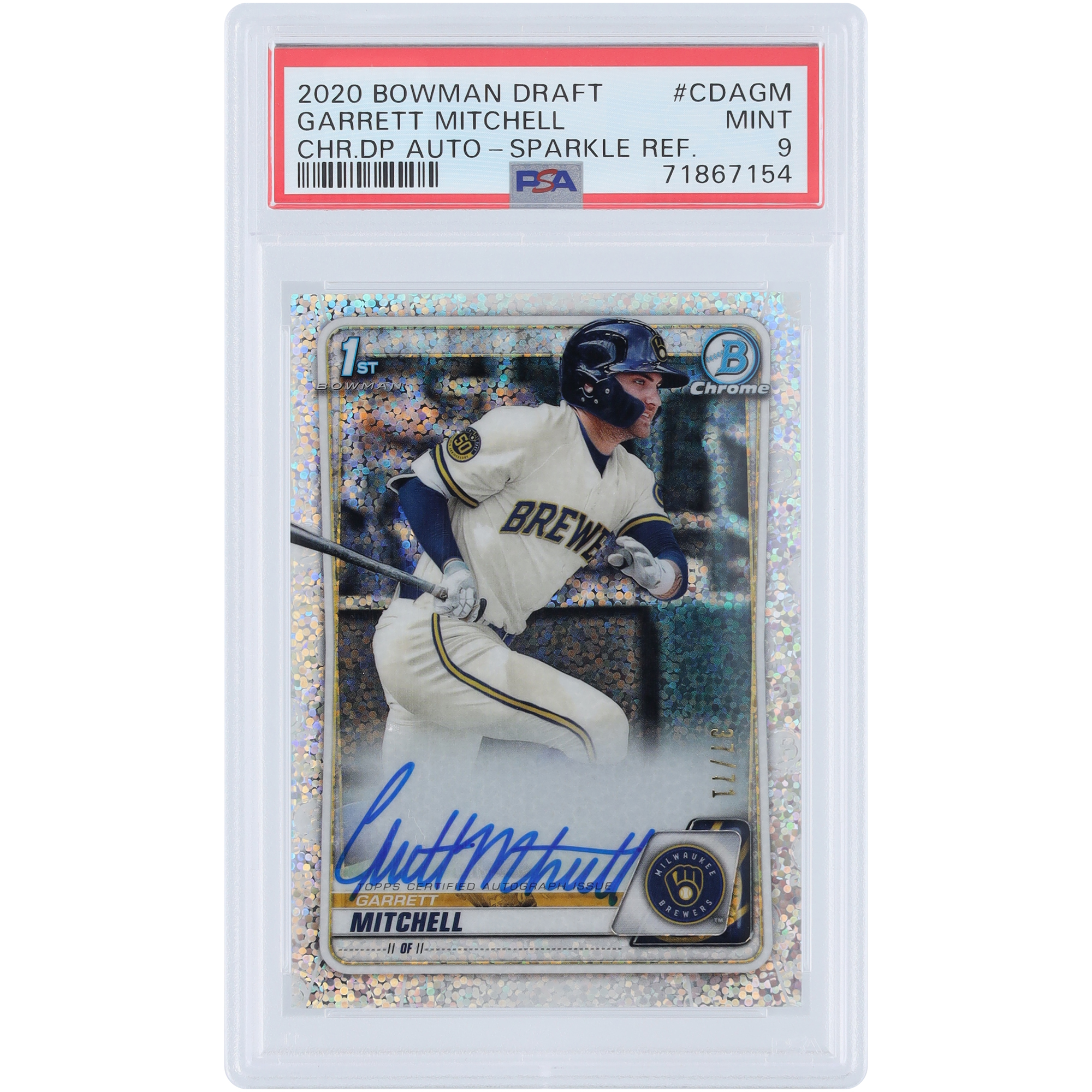Garrett Mitchell Milwaukee Brewers Autographed 2020 Bowman Draft Sparkle Refractor #CDA-GM #37/71 PSA Authenticated 9 Card - Image 2
