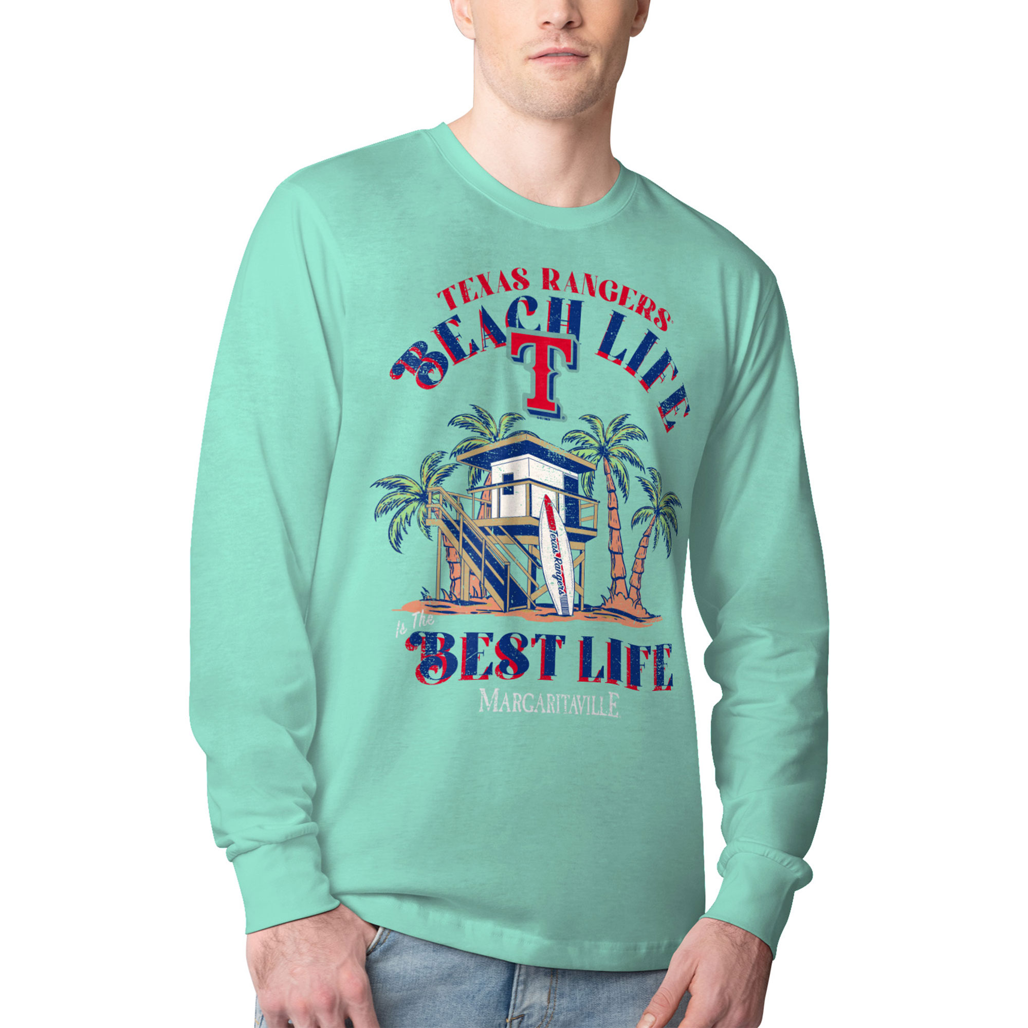 Men's Margaritaville Mint Texas Rangers Beach Hut Graphic Long Sleeve T-Shirt