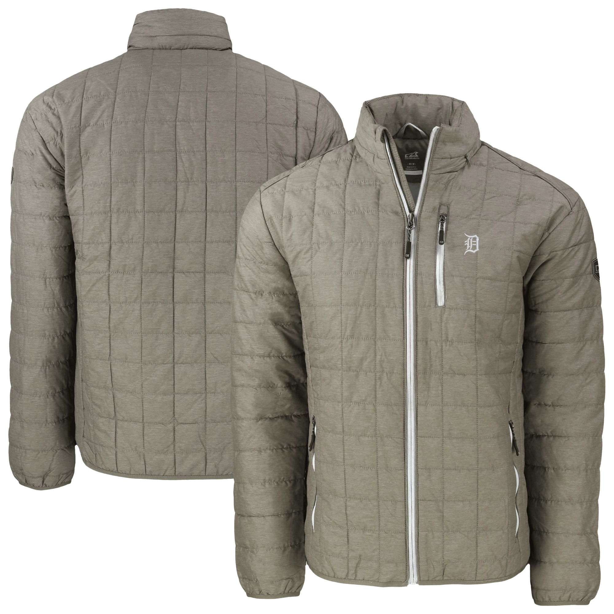 Men's Cutter & Buck Pewter Detroit Tigers Rainier PrimaLoft® Eco Insulated Full-Zip Hoodie Puffer Jacket