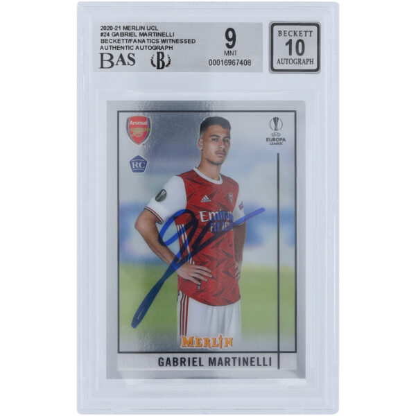 Gabriel Martinelli Arsenal Autographed 2020-21 Merlin UCL #24 Beckett Fanatics Witnessed Authenticated 9/10 Rookie Card - Image 4