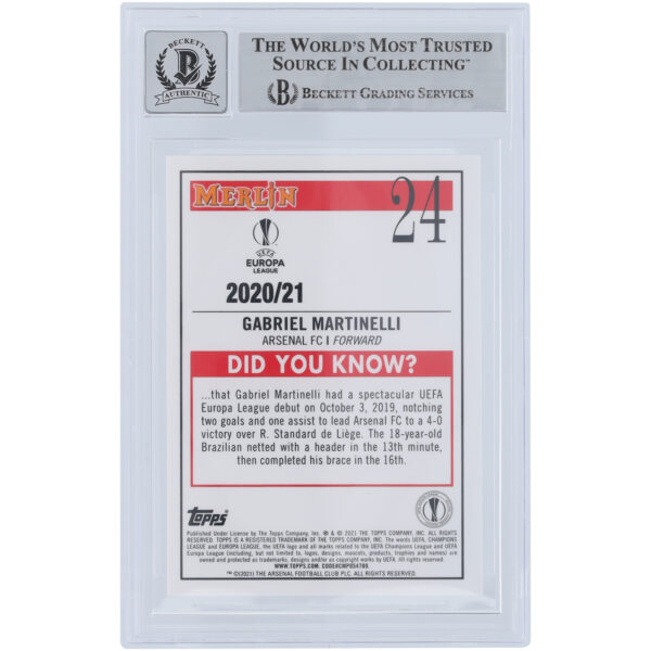 Gabriel Martinelli Arsenal Autographed 2020-21 Merlin UCL #24 Beckett Fanatics Witnessed Authenticated 9/10 Rookie Card - Image 5