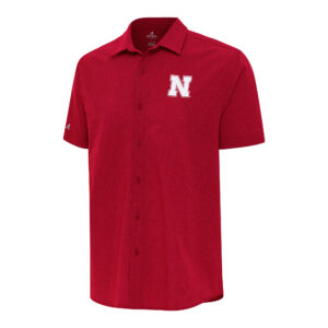 Men's Antigua  Red Nebraska Huskers Activate Woven Short Sleeve Button-Down Shirt