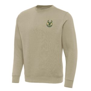 Men's Antigua Khaki Milwaukee Bucks Victory Crewneck Pullover Sweatshirt